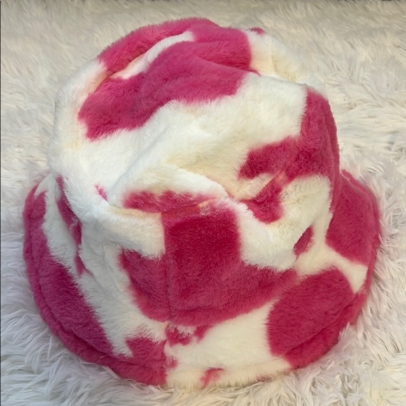 Pink and White Fuzzy Bucket Hat - Picture 1 of 5